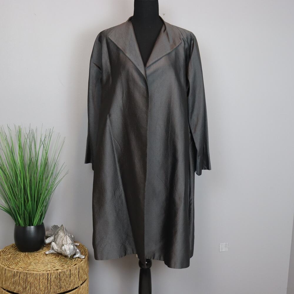 Eileen Fisher Gunmetal Gray Open shimmer long‎ blazer size L